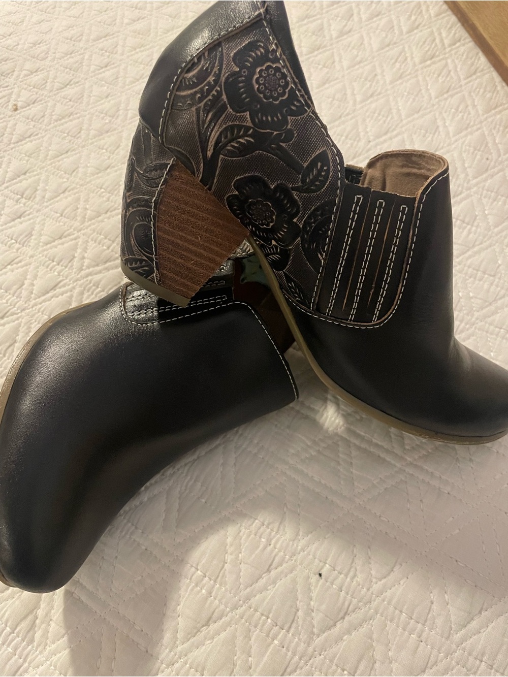Floral-Accent Black Heeled Ankle Boots